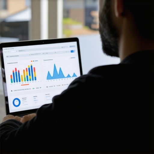 Business owner analyzing analytics with Norfolk landmarks in the background.
