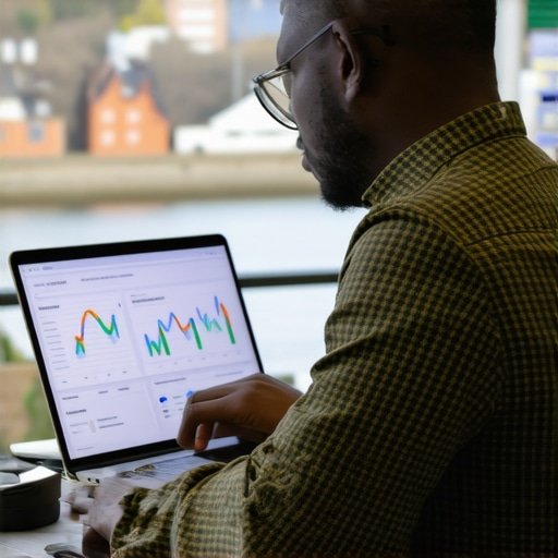 Norfolk Business Analytics Business owner analyzing website analytics with Norfolk landmarks in the background.