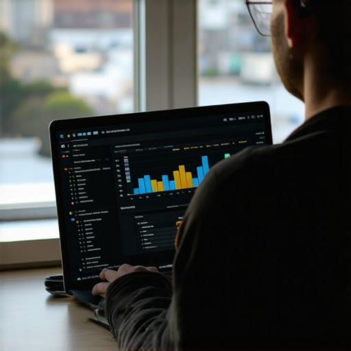 Person managing local SEO tools on a laptop with Norfolk cityscape