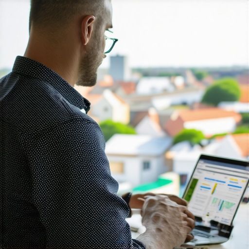 Local SEO tools in action for Norfolk businesses Business owner managing reviews and SEO analytics on laptop, Norfolk city in background