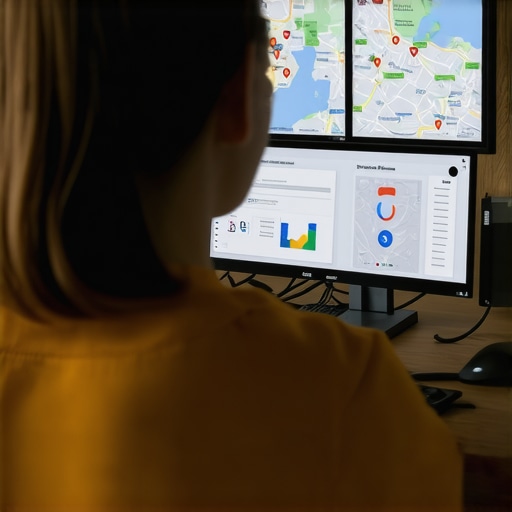 Person managing local SEO tools on a computer with Norfolk maps and analytics dashboards.