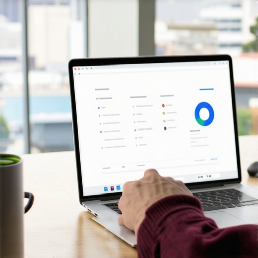 Local SEO Tools in Action for Norfolk Business Person working on SEO analytics software with Norfolk city scene behind