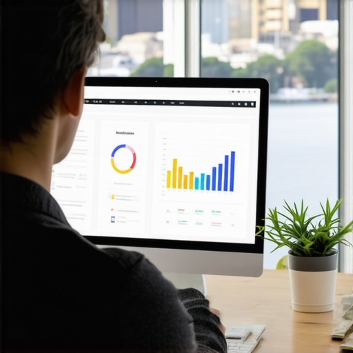 Monitoring Norfolk SEO Performance Business owner reviewing local SEO metrics on a laptop with Norfolk skyline in background.