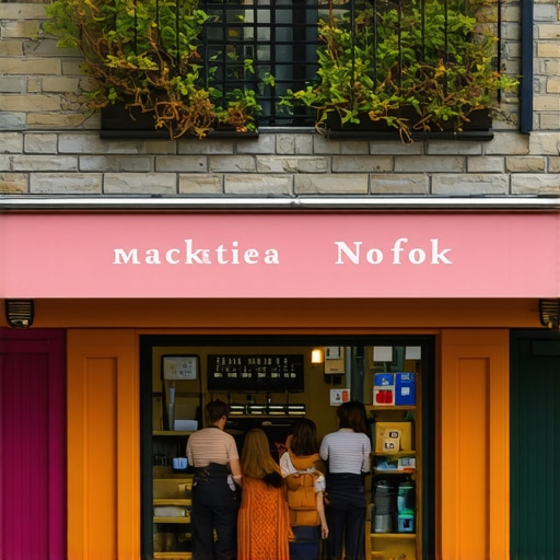 Colorful storefront in Norfolk with customers walking by