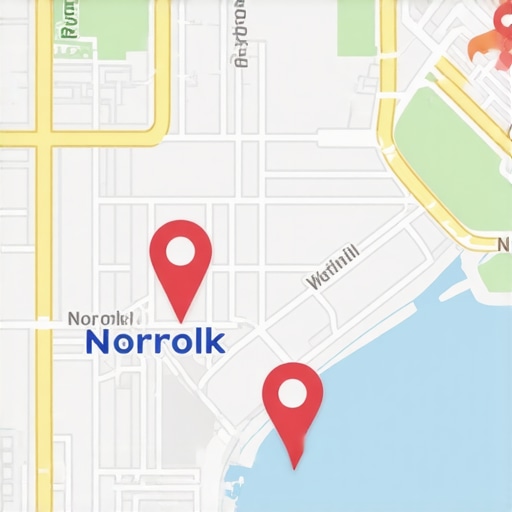 A detailed digital map showing pins for various businesses in Norfolk, Virginia