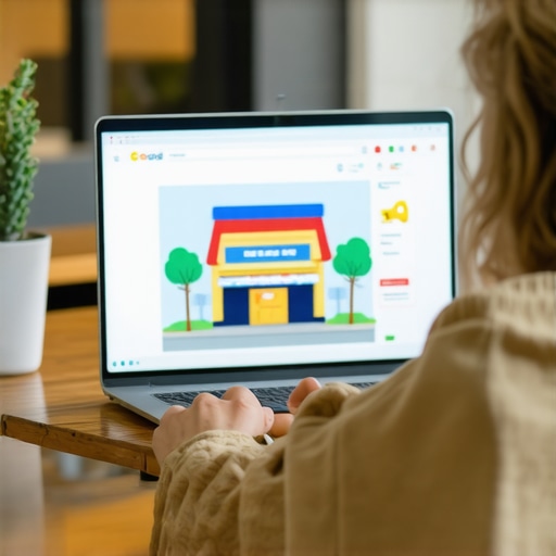 Business owner updating Google My Business profile on laptop with Norfolk storefront in background