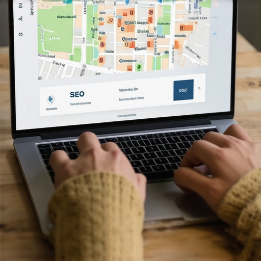 Person analyzing local SEO data on laptop with Norfolk city map in background