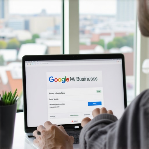 Person updating Google My Business profile on a laptop with Norfolk cityscape