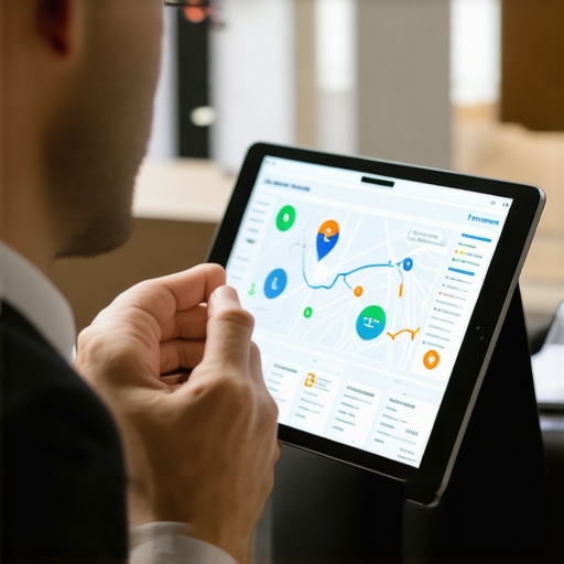 Businessman studying local SEO metrics on a tablet with maps and graphs