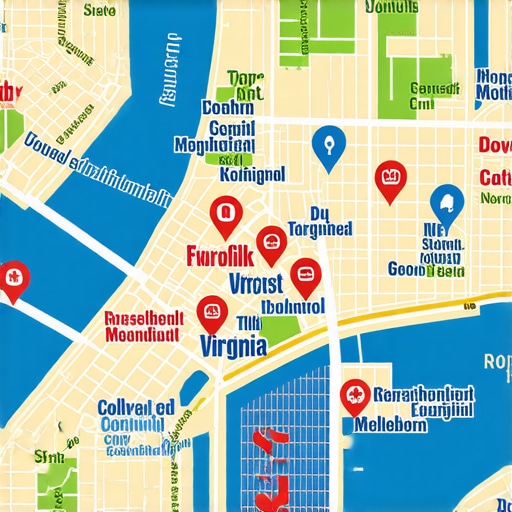 Illustration of Norfolk Virginia with local business icons and GPS navigation symbols.