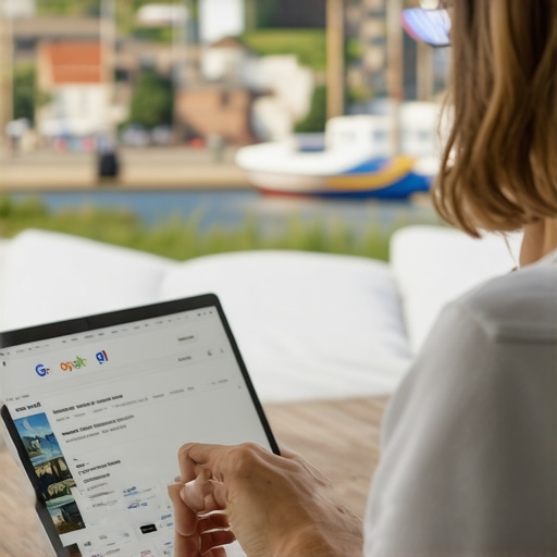 A Norfolk business owner updating their Google My Business profile on a laptop with local landmarks in the background.