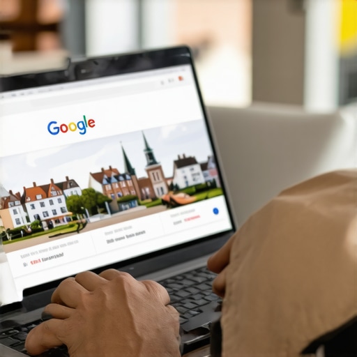 Person editing Google My Business profile on a laptop with Norfolk landmarks