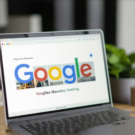 Business owner updating Google My Business profile on laptop with Norfolk background.