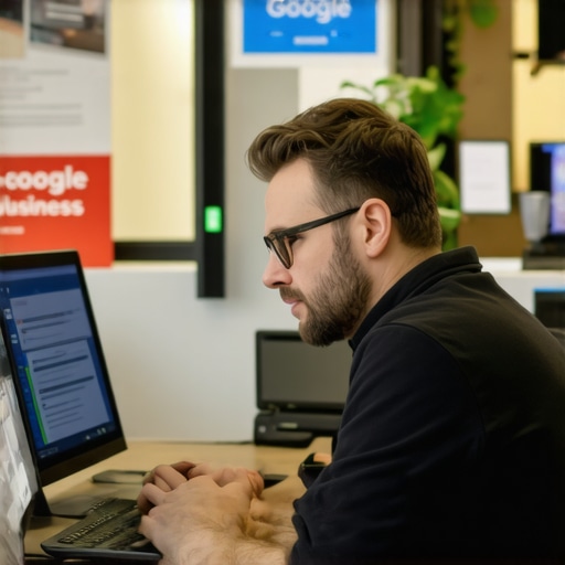 Business owner editing Google My Business listing with Norfolk local signage in the background.