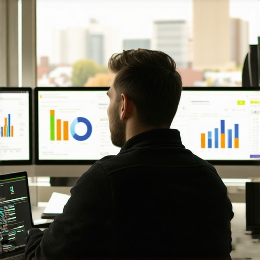 Digital marketer reviewing SEO analytics on multiple screens with Norfolk city skyline in the background.
