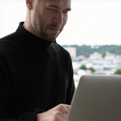 Business owner editing Google My Business profile on a laptop with Norfolk cityscape behind