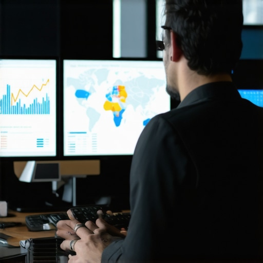 Analyzing Local SEO Data in Norfolk Digital marketing analyst reviewing SEO performance on multiple screens showing maps and analytics dashboards.
