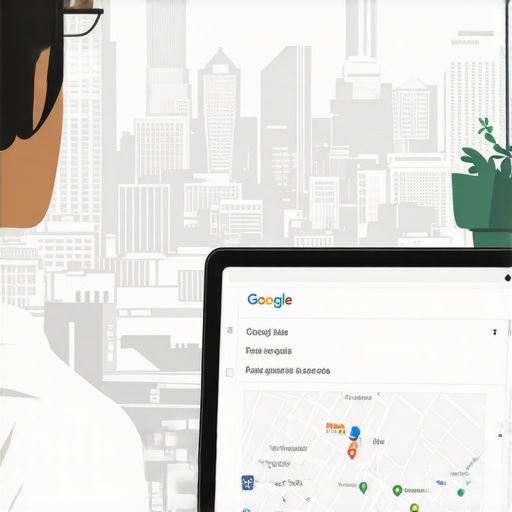 Business owner updating Google Maps listing with Norfolk cityscape
