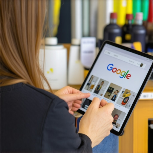 Shop owner engaging with customers while updating GMB profile on a tablet.