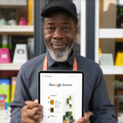 Shop owner editing Google profile on tablet outside Norfolk store.