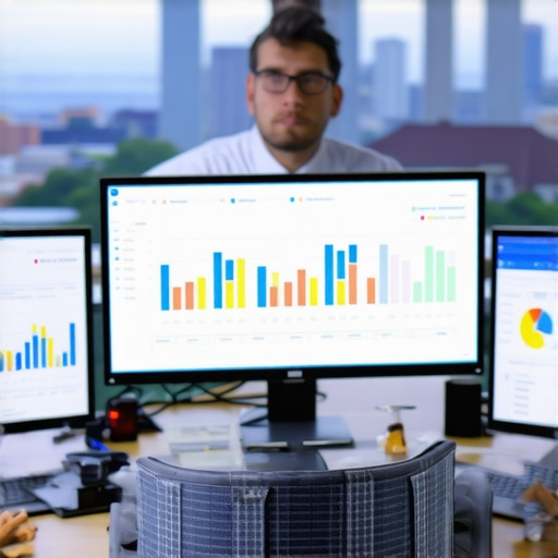 A person reviewing SEO performance metrics on multiple screens with Norfolk city view.